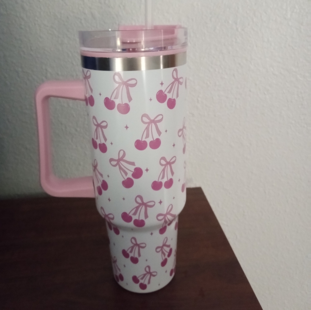 Cherry Print Tumbler with Handle and Straw